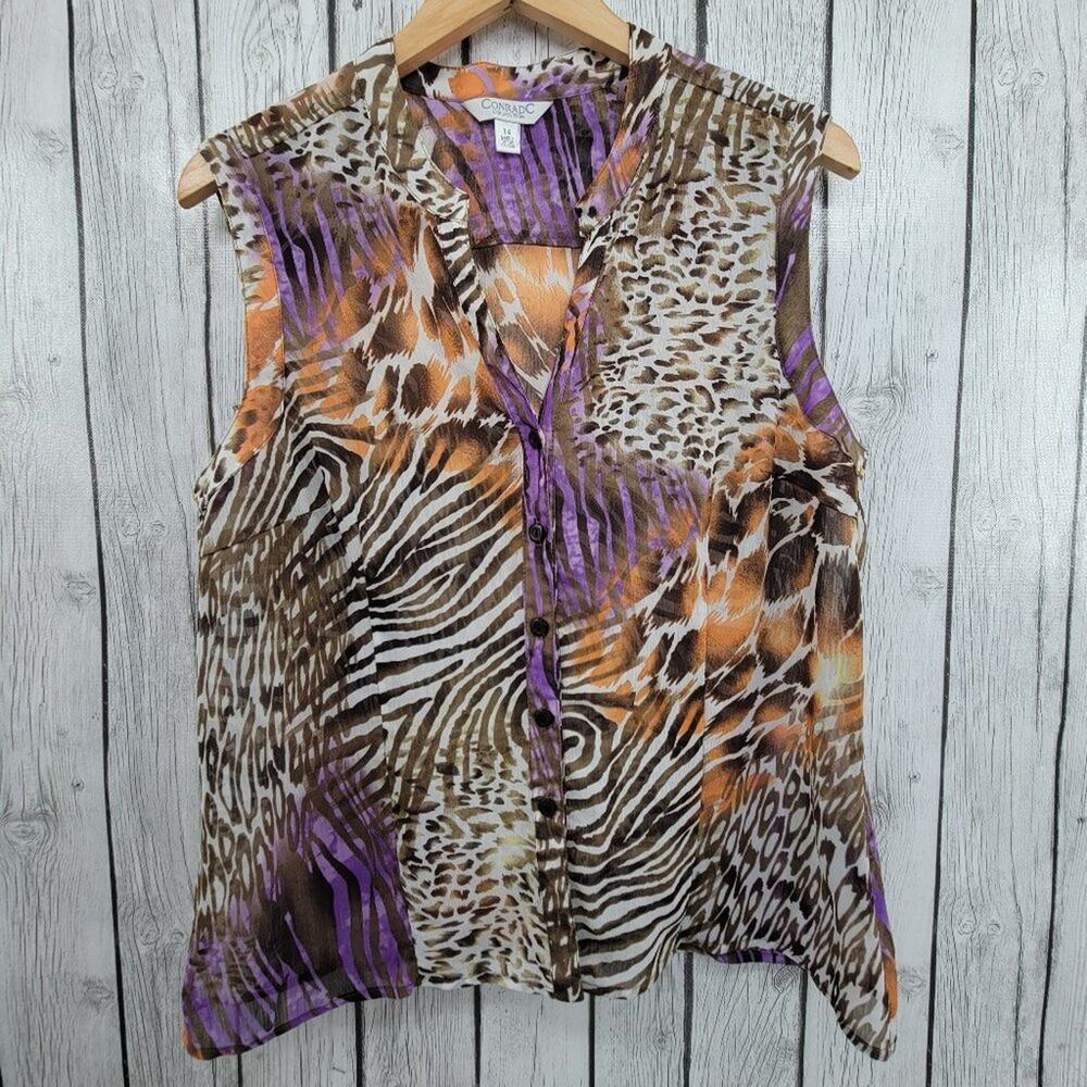 Conrad C Collection Animal Print Sheer Sleeveless Button Down Top